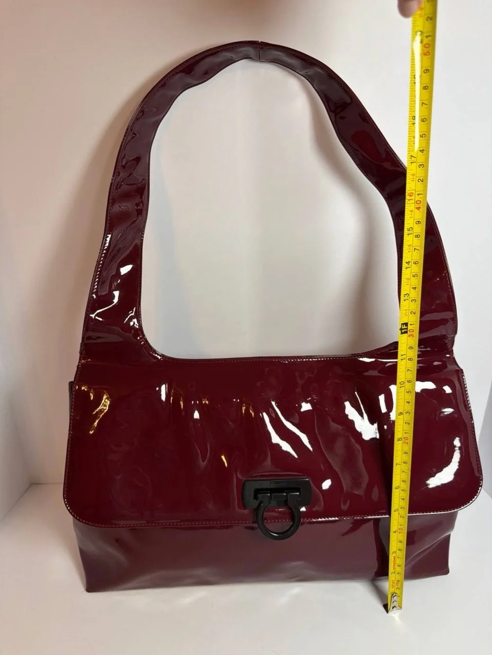 Salvatore Ferragamo Gancini Burgundy Glossy Patent Leather Shoulder Bag